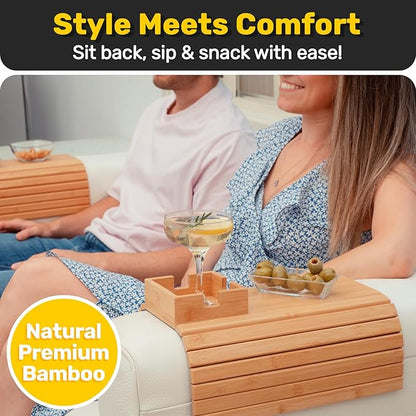 Bamboo Couch Cup Holder for Drink & Snack, Couch Arm Table & Couch Armrest Tray with Couch Cup Holder Tray Table for Couch, Recliner, or Loveseat, Couch Caddy.