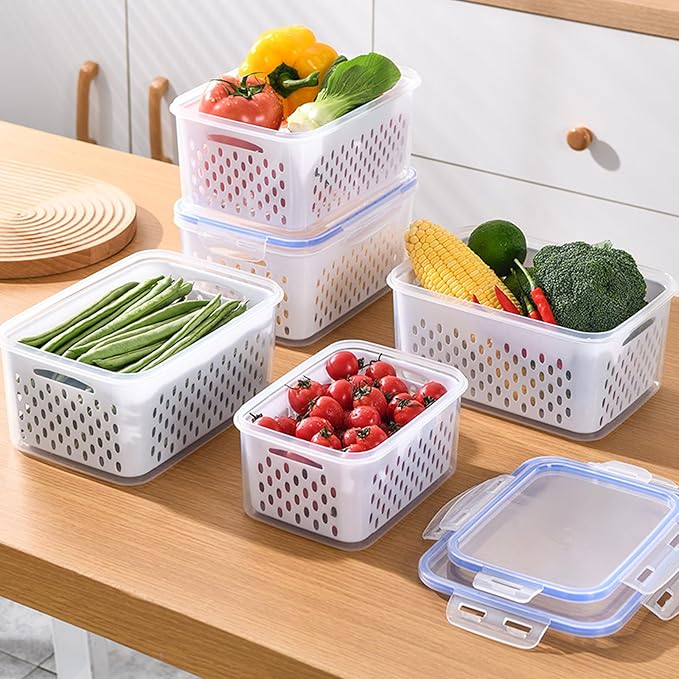 Zmxiabo 3 PCS Fruit Storage Containers for Fridge Food Storage Container Set with Removable Strainer Lid with Strainer Fruit & Vegetable Crisper BPA-Free Plastic Crisper for Long-Term Freshness