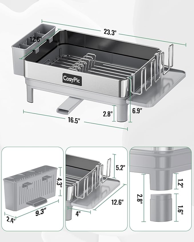 CosyPic Dish Racks, Thicker Premium 304 Stainless Steel Dish Drying Rack for Kitchen Counter, Automatic Drainage Spout, Dish Drainer & Drainboard Set with Utensil Holder and Cup Holder, Grey