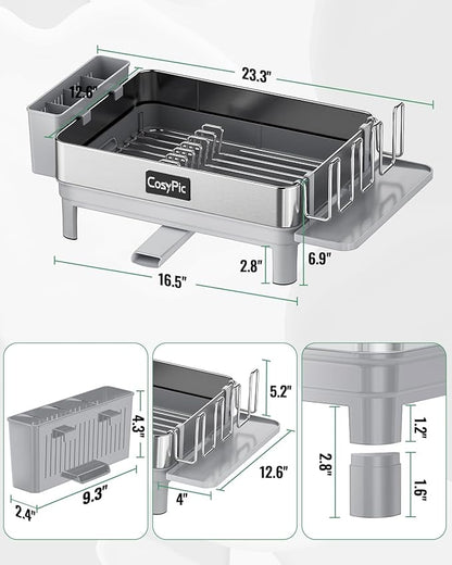 CosyPic Dish Racks, Thicker Premium 304 Stainless Steel Dish Drying Rack for Kitchen Counter, Automatic Drainage Spout, Dish Drainer & Drainboard Set with Utensil Holder and Cup Holder, Grey