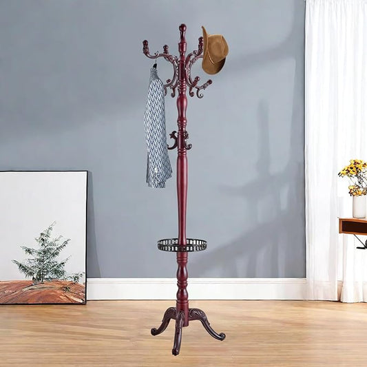 Solid Wood Coat Rack – Freestanding Coat Racks Stand with Hooks & Stable Base, Adjustable Height Modern Wooden Hall Tree for Entryway, Bedroom, Office, Home (H12 Mahogany)