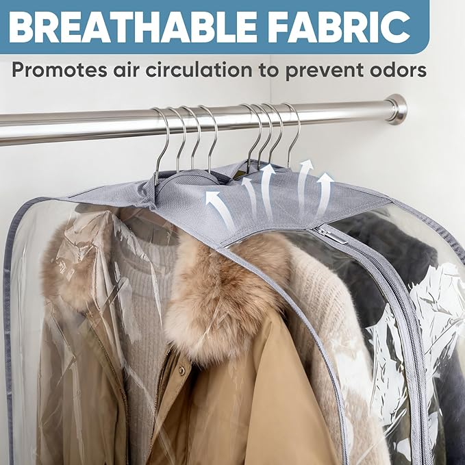 BALEINE 60'' Clear Garment Bags for Hanging Clothes, 10.5'' Wide PEVA Suit Bag for Closet Clothes Dresses Coat (Clear, 6PK)