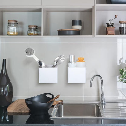 Suclain 2 Pcs Wall Mounted Organizer Non-Drilling Adhesive Floating Shelf White Wall Bin Organizer Hanging Storage Containers for Bedroom Bathroom Kitchen Office
