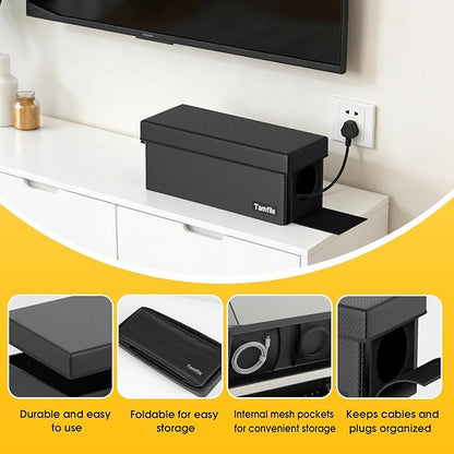 Tamfile Cable Management Box, Fireproof Foldable Cord Organizer and Cover, Heat Resistant Large Power Strip Organizer for TV Wires, Computer and USB Hub with Cable Clips & Reusable Cable Ties (Black)