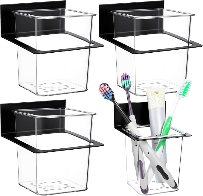 4 Pcs Clear Plastic Toothbrush Holder, Wall Mounted Metal Bracket Bathroom Organizer Set for Toothpaste, Brushes, Razor, Shower Accessories