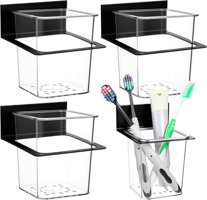 4 Pcs Clear Plastic Toothbrush Holder, Wall Mounted Metal Bracket Bathroom Organizer Set for Toothpaste, Brushes, Razor, Shower Accessories