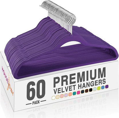 HOUSE DAY Noble-Purple Velvet Hangers 60 Pack, Non Slip Clothes Felt Hanger Heavy Duty for Coat, Premium Slim Space Saving Suit Hangers for Closet Organizer, 360° Rotating Silver Hook