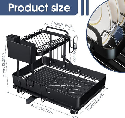 YEYPOP Dish Drying Rack for Kitchen Counter, Stainless Steel 2 Tier Dish Rack w Drainboard, Foldable 360° Rotatable & Expandable Drainer, Space-Saving Dish Strainers for Kitchenware