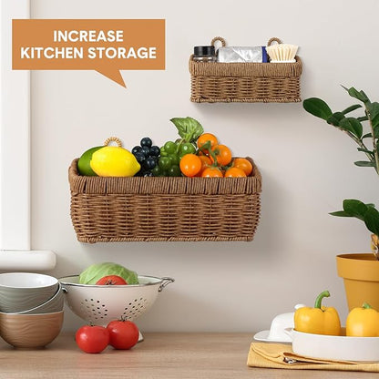 Tioncy 2 Pcs Woven Hanging Wall Baskets for Storage Boho Style Hanging Storage Plastic Woven Baskets with 4 Hooks for Kitchen Garden Living Room(Brown,Sea Grass)