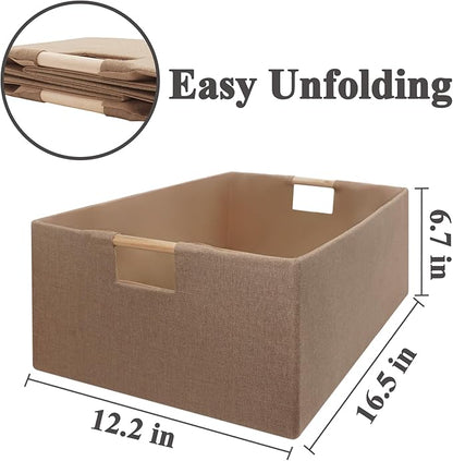 Foldable Fabric Storage Cubes, 2 Packs Cloth Storage Baskets with Wooden Handles, Collapsible Shelf Closet Organizer Bins, Rectangular Storage Boxes for Decor (Coffee Color)