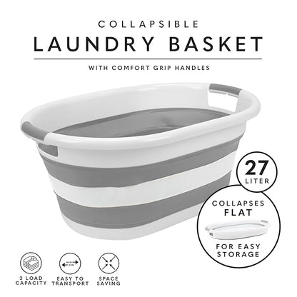 2pk Collapsible Laundry Basket | Portable | Space Saver Storage | Hold 2 Loads | Store Under the Bed or Closet | Good for Kids | Dorm | Bedroom | Large | White/Grey