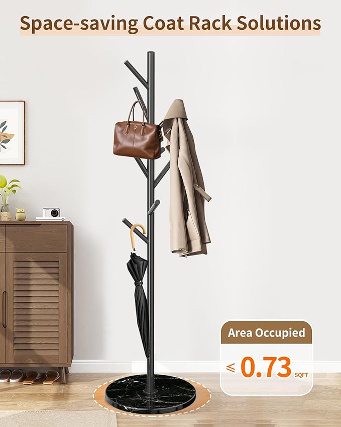 Modern Coat Rack Stand, Metal Freestanding Coat Rack with Natural Marble Base, Black Coat Racks with 8 Hooks and Coat Hanger Tree Jacket Stand for Office, Entryway, Hallway