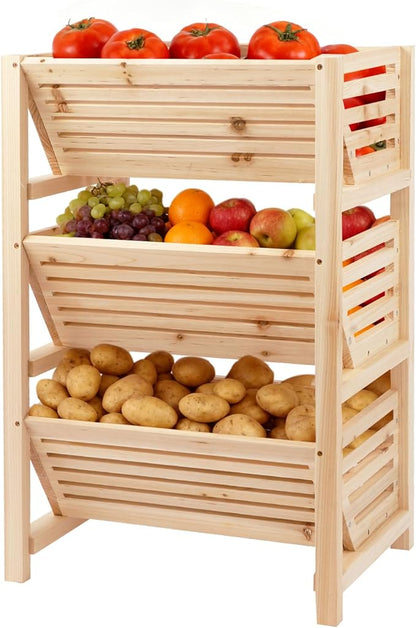 Wooden Potato Onion Storage Organizer, 3-Tier Stackable Pantry Cabinet & Countertop Basket for Kitchen, Vegetable Fruit Produce Bread Basket, Fir Wooden Storage Rack