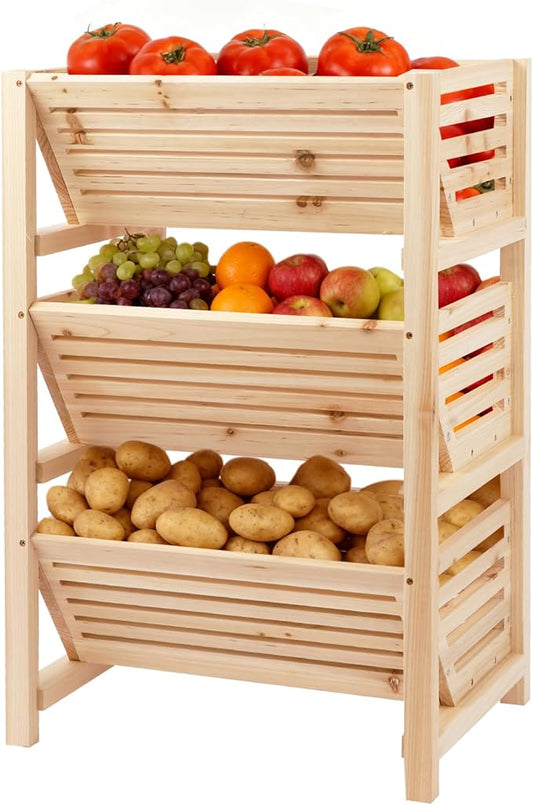 Wooden Potato Onion Storage Organizer, 3-Tier Stackable Pantry Cabinet & Countertop Basket for Kitchen, Vegetable Fruit Produce Bread Basket, Fir Wooden Storage Rack