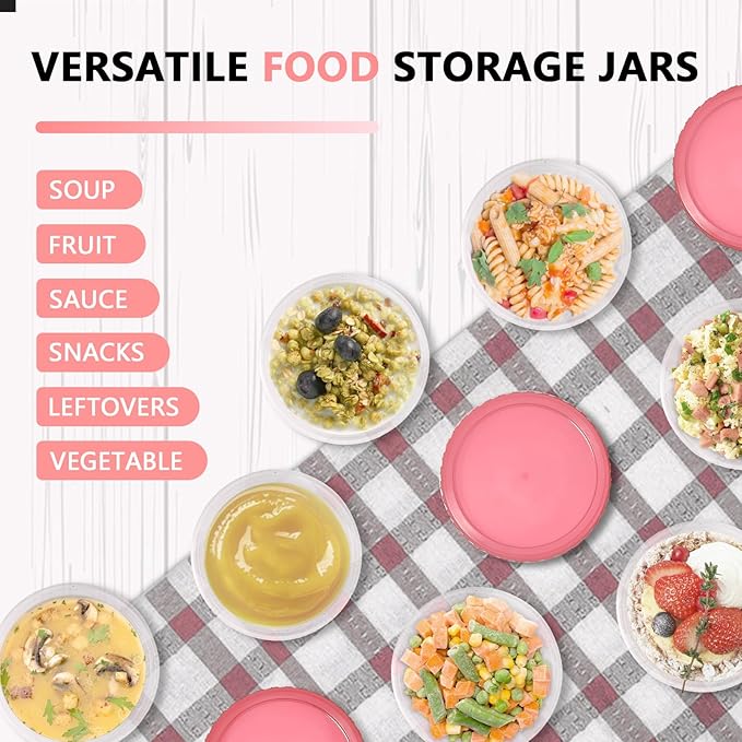 Slomg 10 Pack 16 oz Freezer Storage Containers with Pink Twist Top Lids, Small Plastic Food Storage Soup Meal Prep Containers, Leakproof Overnight Quart Containers for Lunch Leftover Fruit Salad Oat