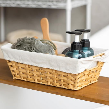JS HANGER Wicker Storage Basket with Liners, Set of 2, Washable Waterproof, 12.6" L x 8.7" W x 4.3" H, Woven Basket for Pantry, Toilet, Bathroom, Bedroom, Patio,Natrual