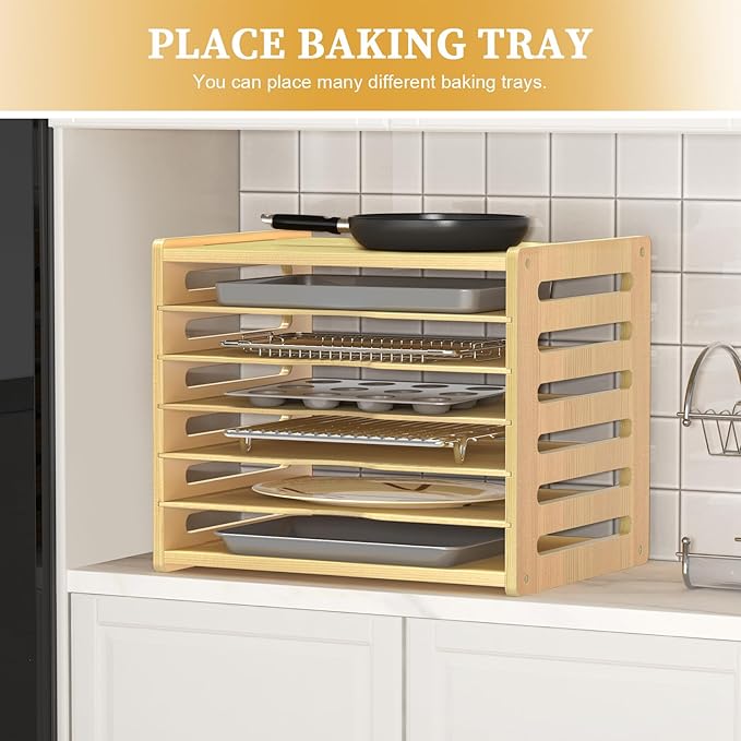 sandpaint 7 Tier Large Size Wooden Tray Dividers for Cabinet, Kitchen Cabinet Tray Divider for Pans, Storing pans, Baking trays, Cutting Board