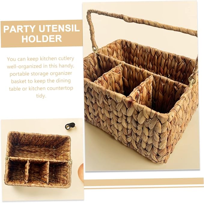 PRETYZOOM Woven Cutlery Holder with Handle Divided Utensil Storage Basket for Kitchen Organization Handmade Vine Material Portable and Practical Design for Dining Table Use