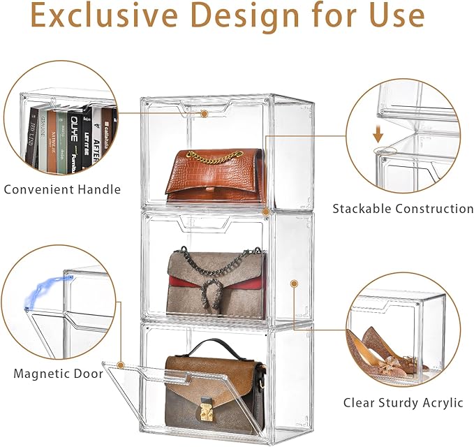 Freebat Stackable Storage Bins,Clear Acrylic Display Case, Acrylic Boxes with Lids, Stackable Storage for Handbags & Purse, Magnetic Lid Storage Bins for Home Organization-1 Pack