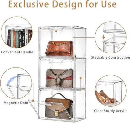 Freebat Stackable Storage Bins,Clear Acrylic Display Case, Acrylic Boxes with Lids, Stackable Storage for Handbags & Purse, Magnetic Lid Storage Bins for Home Organization-1 Pack