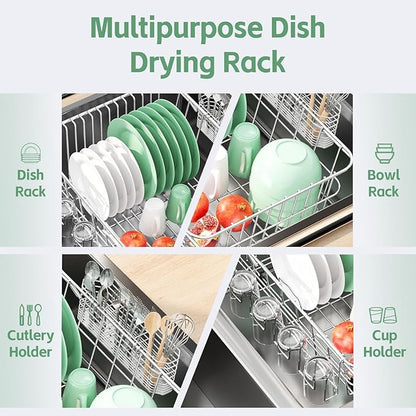 Fanbsy Dish Drying Rack in Sink, Extendable Stainless Steel Dish Drainers for Kitchen Counter, Anti-Rust Dish Dryer Rack with Utensil & Cup Holders, for Inside Sink, Over The Sink