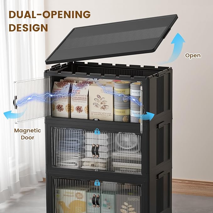 SAILUN 508Qt Extra Large Stackable Storage Bins Folding Collapsible Storage Bins with Lid, Closet Organizers and Storage Box with Door Black 28" W x 17" D x 61" H