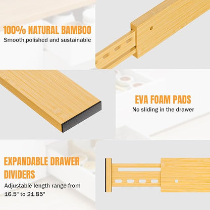 Bamboo Drawer Dividers 4" High, 16.5-22" Adjustable Drawer Organizers for Clothes,Expandable Dresser Separators in Bedroom/Kitchen/Bathroom/Office Organization and Storage,6 Pack