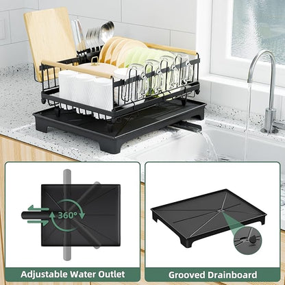 Vathingood Dish Drying Rack, Drying Rack with Automatic Drainboard, Dish Racks for Kitchen Counter, Rustproof Dish Drainer with Removable Utensil Holder, Cups Holder,Black