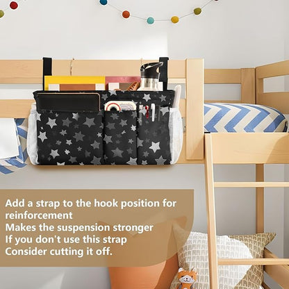 CuwrYet Bedside Caddy Hanging Bunk Bed Caddy Bed Organizer Hanging Pocket with 2 Hooks Bedside Storage Organizer Pocket Bag Holder Silver Stars Black