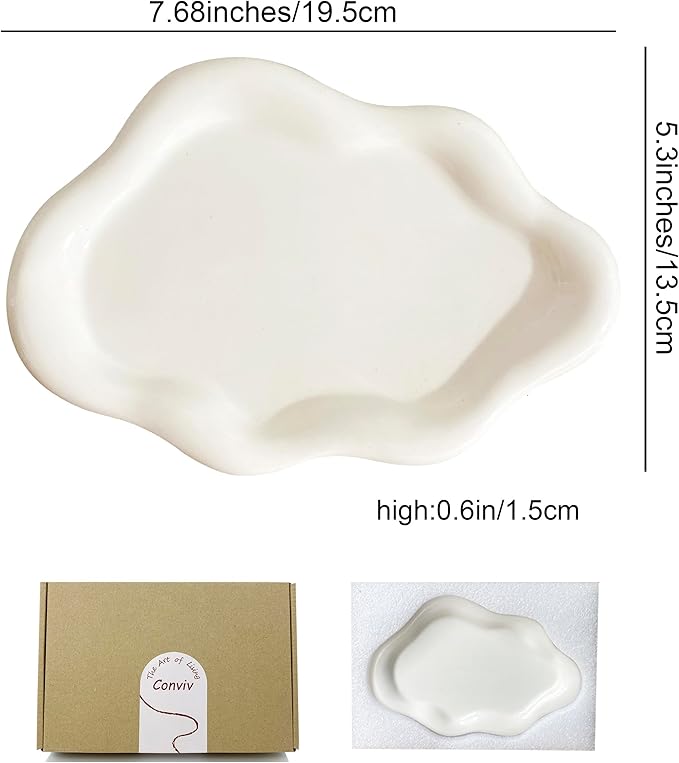Conviv Ceramic Jewelry Tray,Ring Dish Holder,Perfume Trinket Dish,Key Bowl Vanity Cute Things Room Decor Aesthetic, Birthday Mother's Day Christmas Warm House Gifts for Women(White)