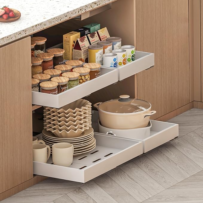 THMINS 2 Pack Expandable Pull Out Cabinet Organizer, 21" Depth, for Kitchen Cabinets, Upgrade 3 Slide Slide-Out Drawers, Adjustable Width 12.05" - 20.5", White