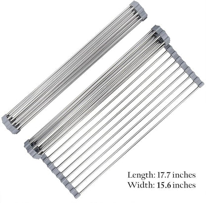 Hhyn Roll Up Dish Drying Rack Over The Sink 17.7"(L) x 15.6"(W), Multipurpose Foldable Stainless Steel Kitchen Rollable Drainer Rack, Gray