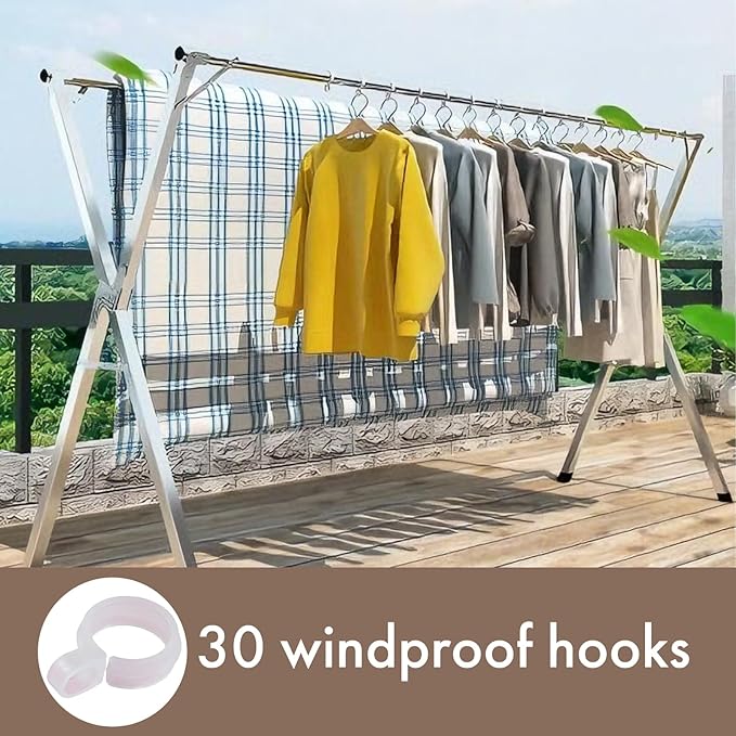 Extendable Clothes Drying Rack - Foldable Double Rod (135-200cm), 30 Hooks, Thickened Steel, Stable for Balcony/Bedroom/Outdoor，Drying Rack Clothing，Clothes Rack，Garment Rack，Double Rod Clothing Rack