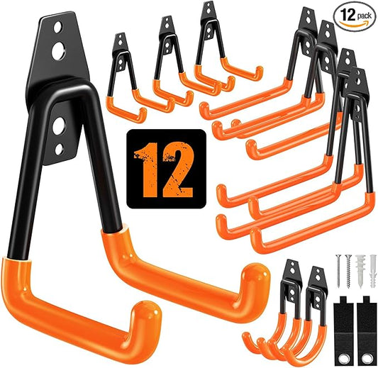 QcoQce 12 Pack Garage Hooks Heavy Duty, Utility Wall Mount Hooks for Hanging Bike, Ladder, Hose, with Extension Cord Straps and Anti-Slip Coating, Garage Organization, Includes Screws (Orange)