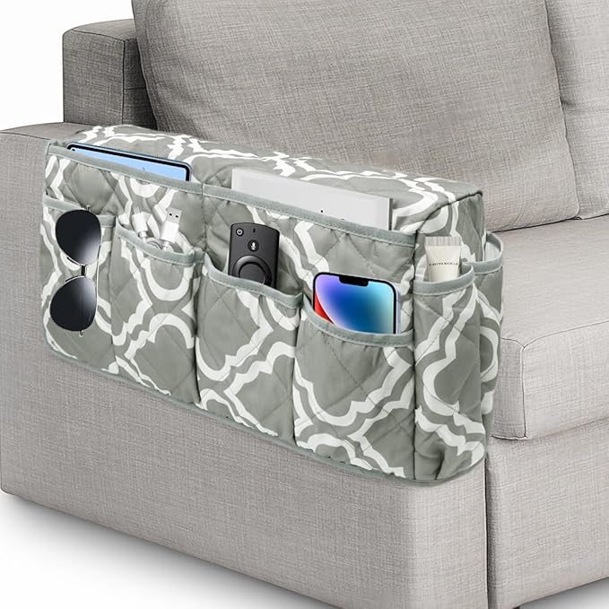 HADEEONG Remote Control Holder, Non Slip Bedside Armchair Caddy, Recliner Arm Caddy Armrest Organizer with 14 Pockets for Cell Phone TV Remote Control Magazines