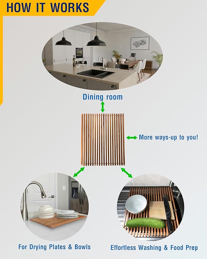 Roll Up Wooden Drying Rack Over The Sink Kitchen, Cover Sink Dry Dishes Bowl Spoon Quickly, Aesthetics and Finishes Coating, Neat Design Stain-Resistant Easy to Dry (Natural Wood color)