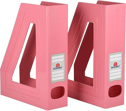 Acrimet Magazine File Holder – Vertical Rack for Documents, Folders and Mail, Durable Plastic Desk Organizer for Office & Home, Solid Pink (2 Pack)