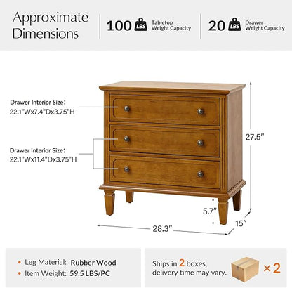 HULALA HOME 3 Drawer End Table with Charging Station, Wooden Drawer Organizer with Wood Legs, Mid Century Modern End Table Set of 2, Acorn