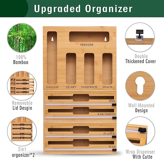 9 In 1 Storage Bag Organizer And Plastic Wrap Dispenser With Cutter, Bamboo Foil and Plastic Wrap Organizer