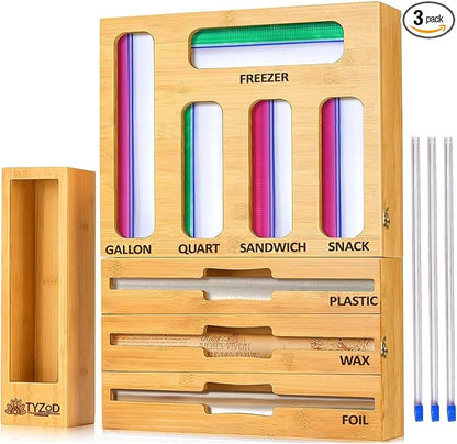 9-in-1 Bamboo Storage Bag Organizer with Cutter, Kitchen Drawer & Wall Mount Storage for Foil, Plastic Wrap, Gallon, Quart, Sandwich, Snack & Freezer Bags, Fits Rolls ≤12” Long, ≤2” Diameter