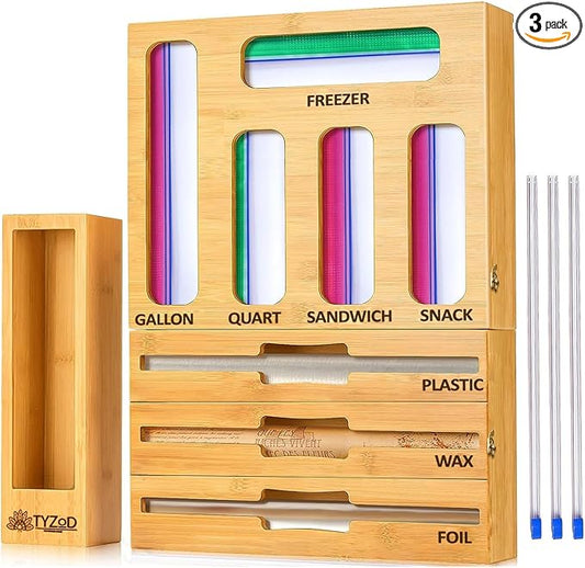 9-in-1 Bamboo Storage Bag Organizer with Cutter, Kitchen Drawer & Wall Mount Storage for Foil, Plastic Wrap, Gallon, Quart, Sandwich, Snack & Freezer Bags, Fits Rolls ≤12” Long, ≤2” Diameter