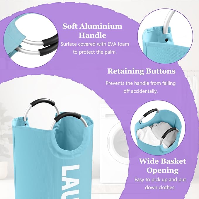 2Pcs Foldable Laundry Basket with Handles, 95L Large Clothes Hampers for Men, Tall Laundry Bin Stand Up Well, Portable Storage Basket for Family, Flat, Blue + Navy Blue
