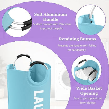 95L Foldable Blue Laundry Basket with Handles, Big Clothes Hamper for Bedroom, Dirty Clothes Basket Stand Upright, Portable Laundry Bag for Dorm, Nursery, Family, Blue