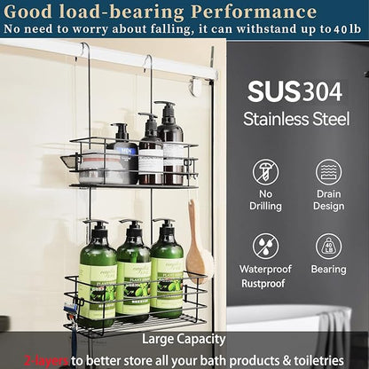 Seltomer Shower Organizer Hanging Shower Caddy with Rotatable Hook bar Over the Door and Can be Hung on the Faucet or Claw Foot, Stainless Steel Rust Proof and Durable （Black）