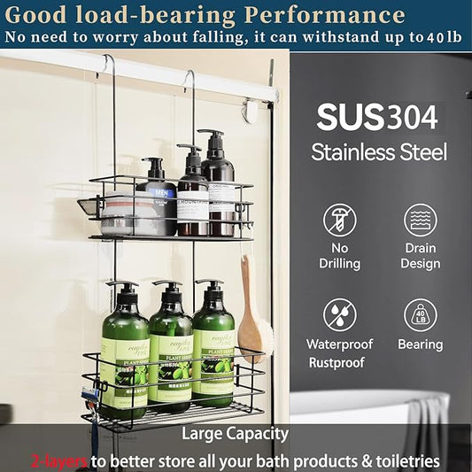 Seltomer Shower Organizer Hanging Shower Caddy with Rotatable Hook bar Over the Door and Can be Hung on the Faucet or Claw Foot, Stainless Steel Rust Proof and Durable （Black）
