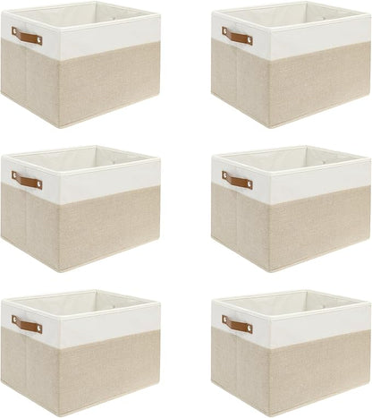 6 Pack Fabric Storage Baskets for Shelves, Closet Storage Bins for Shelves, Fabric Baskets for Organizing with Handles for Home and Office (White with Beige,15"L*10.2"W*9"H)