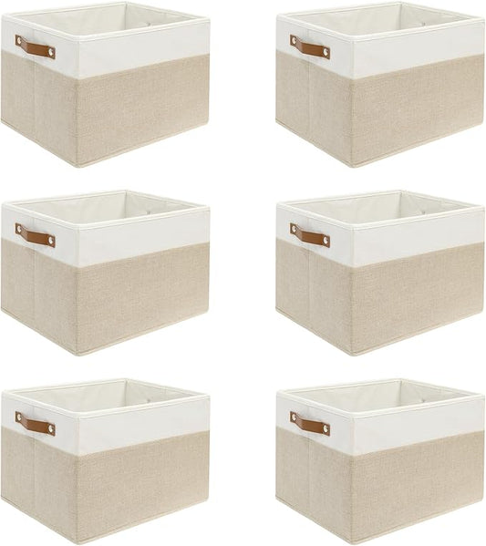 6 Pack Fabric Storage Baskets for Shelves, Closet Storage Bins for Shelves, Fabric Baskets for Organizing with Handles for Home and Office (White with Beige,15"L*10.2"W*9"H)