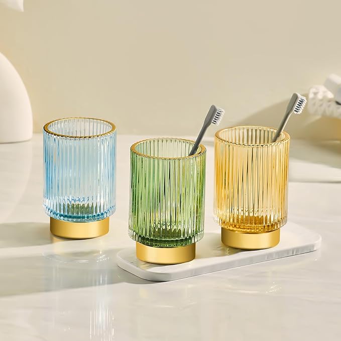 LEICURACE Makeup Brush Holder Organizer,Toothbrush Holders,Desk Pen Pencil Holder,Multifunctional Vintage Glass Brush Cup（S+L/Blue/A3-3-US）