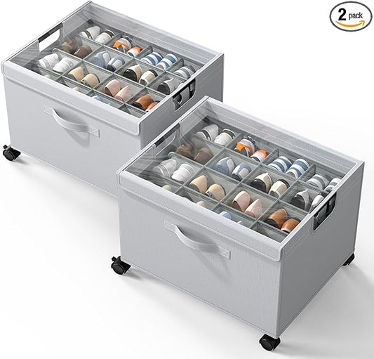 HOUSE AGAIN 2 Pack Shoe Organizer for Closet, Shoe Storage Boxes with 360° Wheels, Sturdy Metal Frame Fits up to 16 Pairs, Boots&Shoes Cubby Storage Containers with Adjustable Dividers and Clear Cover
