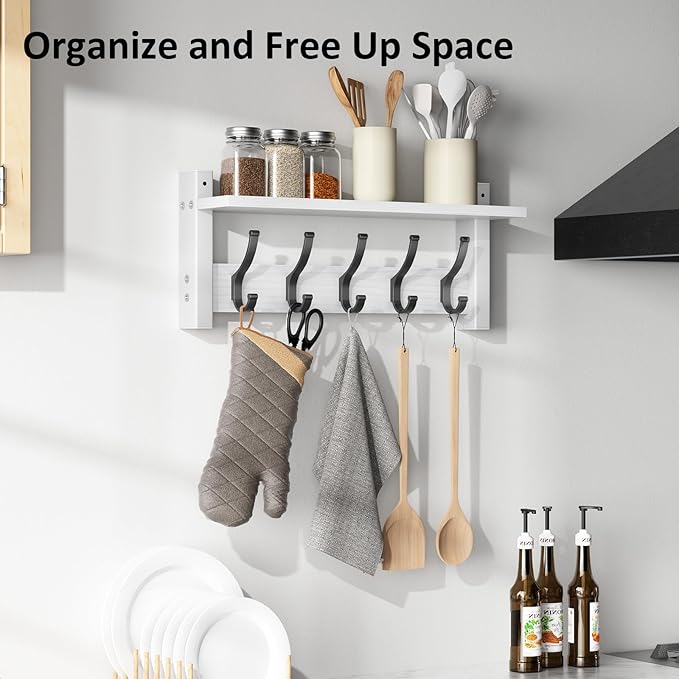 Coat Rack Wall Mount with Shelf, 17.1 Inch Coat Hanger Walls Mounted, Hat Rack for Walls, Shelf with 5 Coat Hooks, Wall Hanger for Entryway (White)